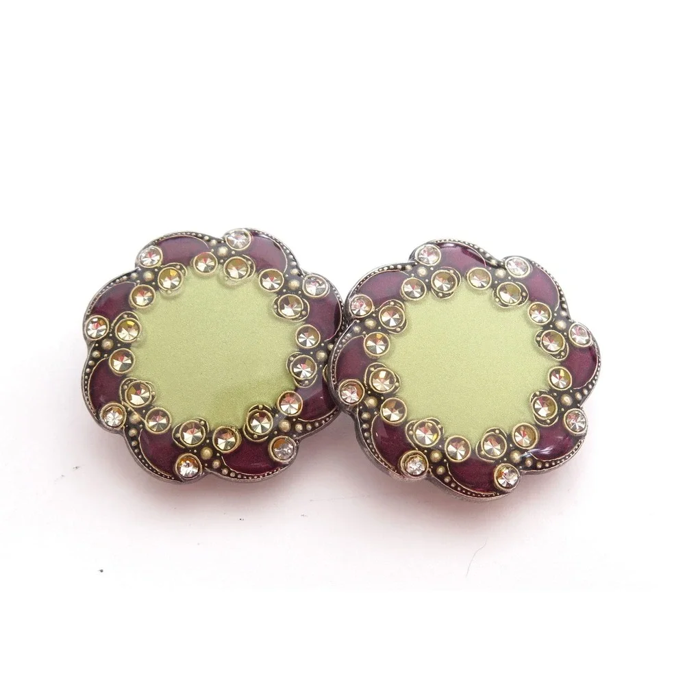Deep Red & Gold Enamel Clear Rhinestone Resin Vintage Silver Tn Earrings
